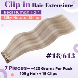 LaaVoo 55cm Echthaar Extensions Clip Blond Extensions Echthaar Clip in Remy Human Hair Doppelt Tressen Haarverlängerung Echthaar Clip in Aschblond Highlighted Hellblond 105g 7pcs #18/613