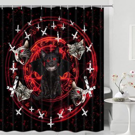 JAWO Cat Shower Curtain for Bathroom, Funny Black Cat Bath Curtain,Goth Shower Curtain,Scary Cat Pentagram Death Durable Waterproof Polyester Fabric Bathroom Curtains,Red