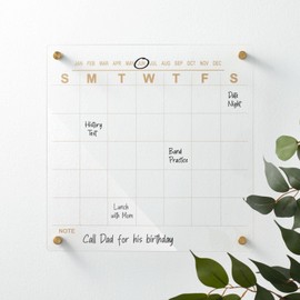 mDesign Modern Acrylic Calendar for Wall with Dry Erase Marker - Wall Mount Monthly Planner Board for Home, Office, Kitchen - 11.81" Square - Clear/Gold Print with Gold Finish Mounting Hardware