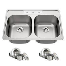 Blenzia 33x22 Drop In Double Bowl Kitchen Sink 33 Inch 50/50 Topmount 18 Gauge Stainless Steel Commercial Grade Satin Finish Sinks with Basket Strainer 33" x 22" x 9"