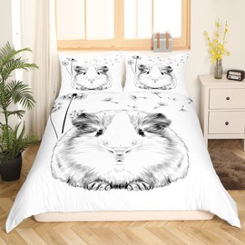 Homewish Meerschweinchen Bettbezug Löwenzahn Bettwäsche Set 135x200 Karikatur Meerschweinchen Bettbezug für Kinder Niedliche Tier Pflanze Trösterbezug, Grau Weiß Tagesdecke Schlafzimmer Dekor
