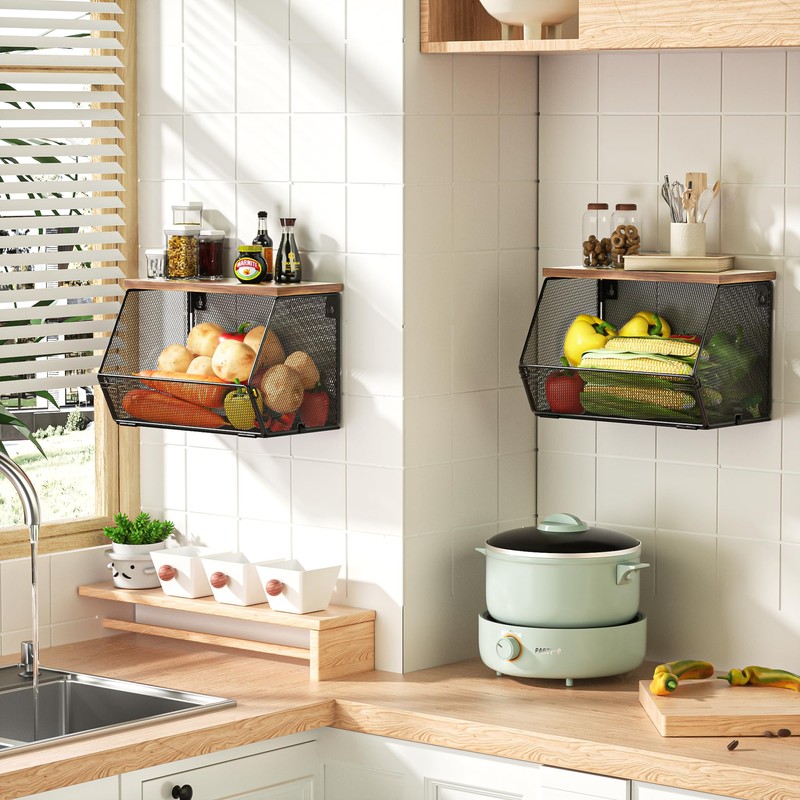 Stackable Fruit Basket for Kitchen Countertop Space Saving, Wall Mounted