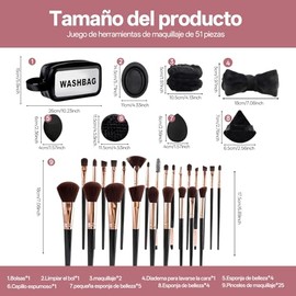 51 Piezas Set de Brochas de Maquillaje Profesional Completo, para Brochas de Maquillaje, Esponjas para Polvos, Cuencos para limpiar y bolsa de maquill