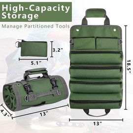 Roll Up Tool Bag Organizer, Tool Bags for Men, Tool Roll Bag with 2 Detachable Zipper Pouches, Heavy Duty Tool Bag for Dad Birthday, Father’s Day Gifts, Handyman or RV Owners (Green)