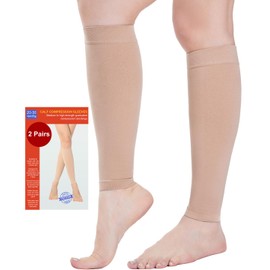 2 Pairs Calf Medical Compression Stockings Women & Men 20-30 mmHg, Class 2, Calf Support Graduated Support Stockings for Varicose Veins Edema Flight Sports, 2 x beige