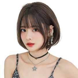 烏兎の矢先 Wig Bob Mini Bob Front-Slanted Short Ladies Brown Hair High Breathability Inward Curl Korean Style Harajuku Style Gray Hair Concealer Natural Everyday Use Curl Wig Full Wig Fashion Wig Soft
