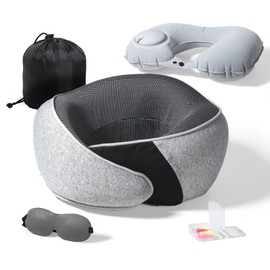 Cozi Neck Pillow for Traveling,Adjustable Travel Neck Pillow Airplane 100% Pure Memory Foam Travel Pillow with Inflatable Travel Pillows for Sleeping Long Flight Portable Plane Accessories Light Gray