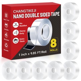 CHANGTIKEJI Double Sided Tape Heavy Duty 8 Rolls 1 Inch x 9.85 Feet, Clear & Tough Nano Tape, Multipurpose Mounting Tape for Walls, Bathroom, Carpets,Posters,Photo,Kitchens,Mats