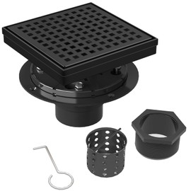Square Shower Drain | 6 Inch AISI 304 Stainless Steel Shower Drain Kit with ABS Flange, Hair Strainer, Matte Black Shower Floor Drain with Removable Grid Cover, in Bathroom, Kitchen, Balcony etc.