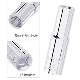 FOCMKEAS 13mm Deep Socket, 1/2 Inch Drive, 6 Point, Metric, Heat Treated CR-V Steel Sockets, Full Polishing, 3.1 Inch Length(1 PC)