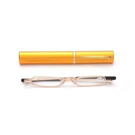 ZUVGEES Easy Carry Mini Compact Slim Reading Glasses—Lightweight Portable Readers with w/Pen Clip Tube Case (Gold, 2.50)