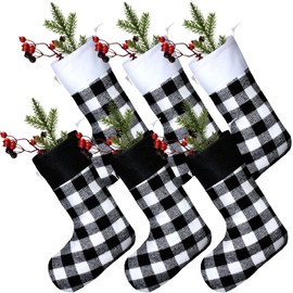 Skylety 6 Pcs Christmas Stockings 15 Inch Buffalo Plaid Stocking Classic Fireplace Hanging Stockings for Family Farmhouse Xmas Party Decoration (Black Cuff Black White, White Cuff Black White)
