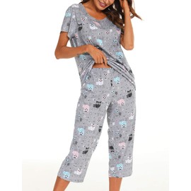 Mialucce Womens Pyjamas -Short SleeveTops with 3/4 Pants PJs Sets-2 Piece Sleepwear(XX-Large,grey owl)