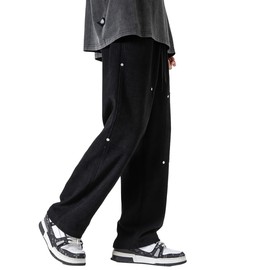 Acydar Mens Drawstring Straight Leg Pants Corduroy Joggers Pants Casual Cargo Pants Black