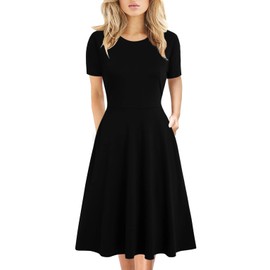 Prime Wardrobe Women Clothing Little Black Dress 50s Vintage Casual Knee Length Work Party A-Line Business Dresses with Pockets 162 (XL, Black Solid)