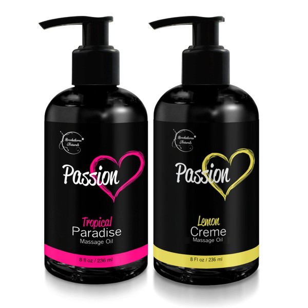 Passion Massage Oil for Couples – Set of 2 Massaging Oils Lemon Crème & Tropical Paradise. All Natural with Almond & Jojoba Oils. Great for Women & Men. Full Body Oil for Relaxation & Aromatherapy