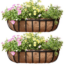 36 Inch Railing Planter Window Box Deck Balcony Rail Planter with Coco Liner Metal Wall-Mounted Coconut Liner Planter Basket English Horse Trough Planter for Outdoor Balcony Porch Fence Patio (2 Pack)