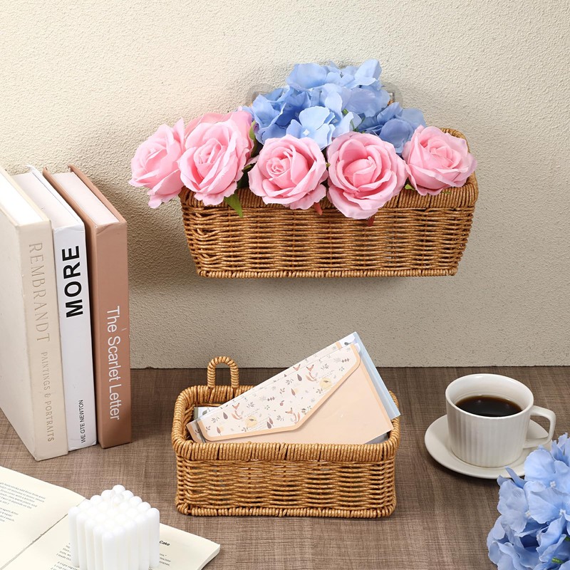 Set of 2 Wall Hanging Baskets, Boho Style Hand-Woven Hanging