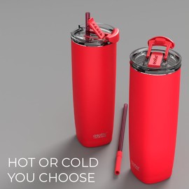 asobu Aqualina Stainless Steel Insulated Water Bottle with Interchangeable Hot and Cold Lid and Built in Straw (Red)