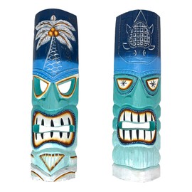 Set of 2 Blue & Green Ocean Tiki Masks – 20 Inch Hand-Carved Wooden Wall Decor for Indoor or Outdoor – Polynesian Tropical Party, Bar, Patio, Porch Accent – Palm Tree & Turtle Design, Easy to Hang