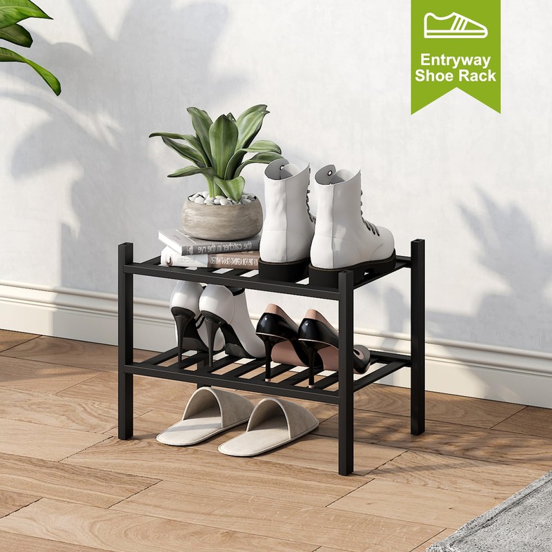 BMOSU 2-Tier Bamboo Small Shoe Rack Premium Stackable Shoe Shelf