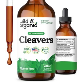 Wild & Organic Cleavers Tincture - Herbal Detox Drops with Cleavers Herb - Galium Aparine Leaf Extract Supplement - Vegan, Sugar & Alcohol-Free - 4 fl oz