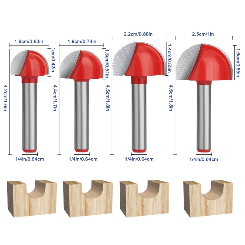 8pcs 1/4" Shank Cove Core Box Router Bit Set, Round