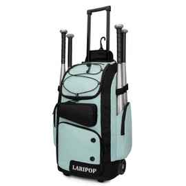 LARIPOP Rolling Baseball Bag Wheeled Softball Backpack, 55L Bat Bag with 4 Bat Holders, Ventilated Shoe Compartment, Fence Hook & Telescopic Handle, Wheels Equipment Gear Tote for Youth Players