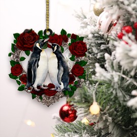 Penguin Couple Ornaments, Wedding Ornament for Newlyweds, Penguin Ornaments Xmas Tree Decor, Christmas Decorations Ornament, Wood Keepsake Gifts for Him Her Couples Engagement