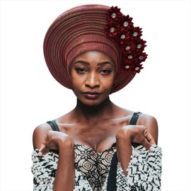 Handmade Nigerian Gele Headties Floral Hats Women Head Wrap Beaded Lace Hand Made African Headtie Hats for Party (US, Alpha, One Size, Wine red)