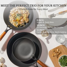 KITESSENSU Enameled Cast Iron Skillets - Non Stick Frying Pans Set with Durable Wooden Handle - 8&10&12 In Titanium Cast Iron Pans for Multi-Cooking - Pre Seasoned Cookware Set - Gradual Cobalt Blue