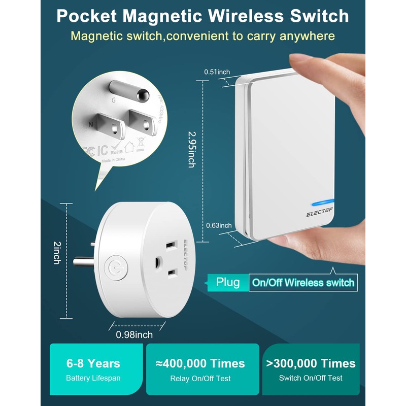 Remote Control Outlet, ELECTOP 15A/1500W Wireless Outlet Power Switch, No