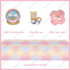 Rainbow Birthday Decoration, Doyomtoy 61 Pieces Girls Party Tableware Set White Cloud Birthday Party Set Birthday Plates Cups Napkins Rainbow Birthday for Children Party Birthday