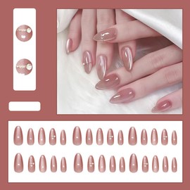 Fine Glitter Press on Nails Short Almond ZWENJIE Fake Nails Solid Color False Nails with 3D Rhinestones Design Full Cover Gel Acrylic Nails Glossy Glue on Nails for Women 30 Pcs