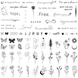 Realistic Temporary Tattoos for Women - 60 Sheets Tiny Small Removable Adult Fake Tattoos,185 Pcs Minimalist Waterproof Inspirational Quotes Words Wild Flower Floral Bouquet Adults Tattoo Stickers