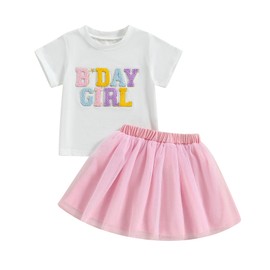 Baby Girl Birthday Outfit Embroidery Birthday Girl Shorts Sleeve Shirts and Tutu Skirts Set Baby Girl Birthday Outfit (Pink, 1-2 Years)