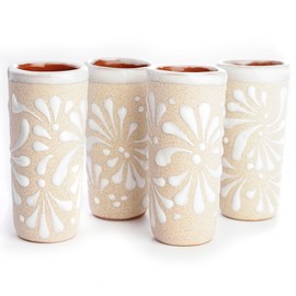 MEXTEQUIL - Handcrafted Ceramic Shot Glasses, White Floral Pattern, Terracotta Interior, Set of 4, Traditional Mexican Design (White Floral Pattern)