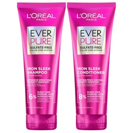 L'Oreal Paris Sulfate Free Iron Sleek Smoothing Shampoo and Conditioner Set, Frizz Control and Humidity-Resistant Formula with Alpha-Acids, Suitable for Color-Treated Hair, EverPure, 13.6 Fl Oz Set