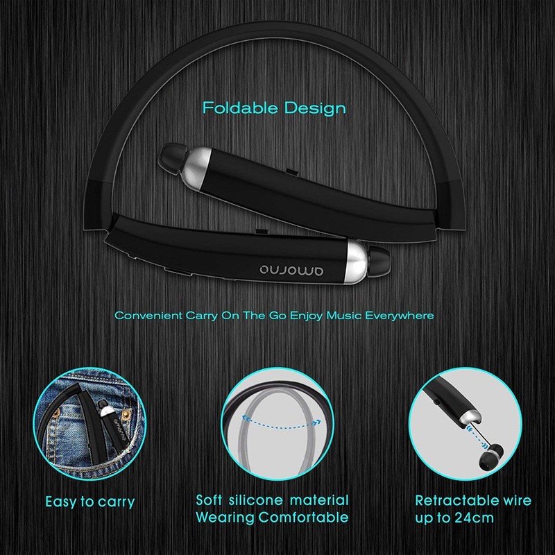 AMORNO Foldable Bluetooth Headphones, Wireless Neckband Sports Headset with Retractable