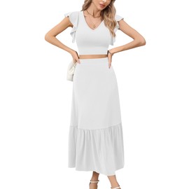 Missufe Women's 2-Piece Outfits Summer Ruffle Crop Top and Long A-Line Skirt Set Two Piece Suit, White