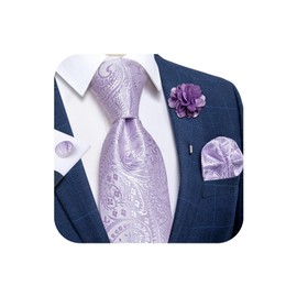 DiBanGu Mens Tie and Lapel Pin Set Silk Lilac Paisley Necktie Hankerchief Cufflinks Brooch for Wedding Party
