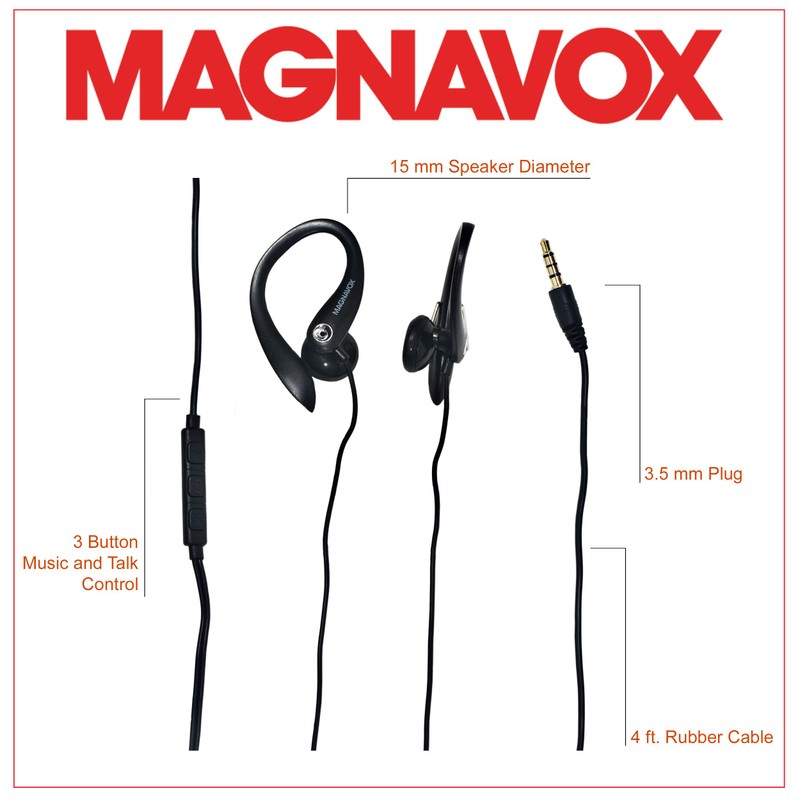 Magnavox MHP4854-BK Earhook Earbuds with Microphone in Black | Available