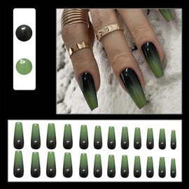 Long Press on Nails Coffin Fake Nails with Dark Green Gradient French Design False Nails Acrylic Glossy Press Ons Nails Artificial Glue on Nails Full Cover Stick on Nails for Women 24 Pcs