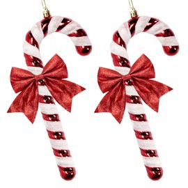 2Pcs Large Candy Cane Baubles with 2Pcs Glitter Bows,Shiny & Glitter Decorated Ornaments for Christmas Decorations,26x10cm (Red)