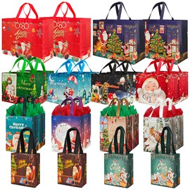 M-sorflly 24pcs Assorted Sizes Christmas Gift Bags with Handle，Reusable Christmas Tote Bags Bulk，Non-Woven Holiday Gift Bags For Xmas Gifts Wrapping Party Supplies with 24Pcs Tissue Paper