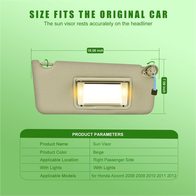 Passenger Right Side Sun Visor for Honda Accord 2008 2009