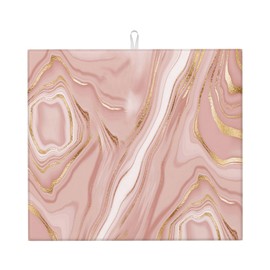 Pink Golden Marble Dish Drying Mat for Kitchen Counter Washable Absorbent Reversible Microfiber Rose Pink Modern Decorative Drying Pad Kitchen Accessories 16"x18"