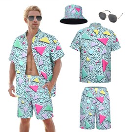 Mens Hawaiian Shirt and Shorts Set 4Pcs Hawaiian Shirts Men Outfit Set for Beach Vacation with Fisherman's Hat Sunglasses (White, 3XL)