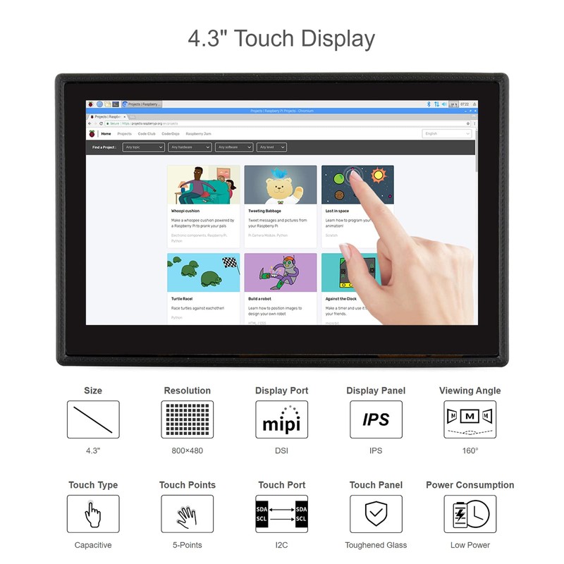 visualización LCD DSI de 4.3 pulgadas con funda para Raspberry