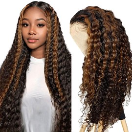 13x6 Highlight Ombre Lace Front Wig Human Hair Wigs For Women 180% Density 1B/30 HD Deep Wave Lace Frontal Wigs Curly Highlight Brown Wig Human Hair Pre Plucked With Baby Hair Colored (22 Inch)
